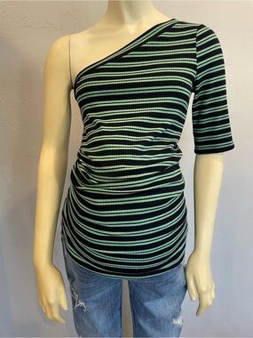 Mimi Maternity One-Shoulder Striped ribbed Top in Black and Mint M